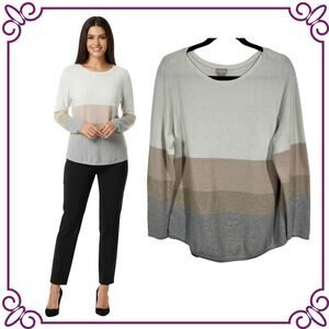 Chico's Neutral Striped Cotton Blend Crew Neck Sweater Size 2 US Large